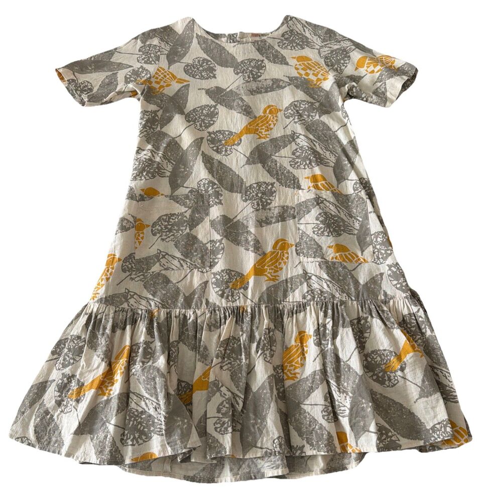 Bombay Paisley S Linen Cotton Tan Gray Yellow Dress Ruffle Button Back Pocket